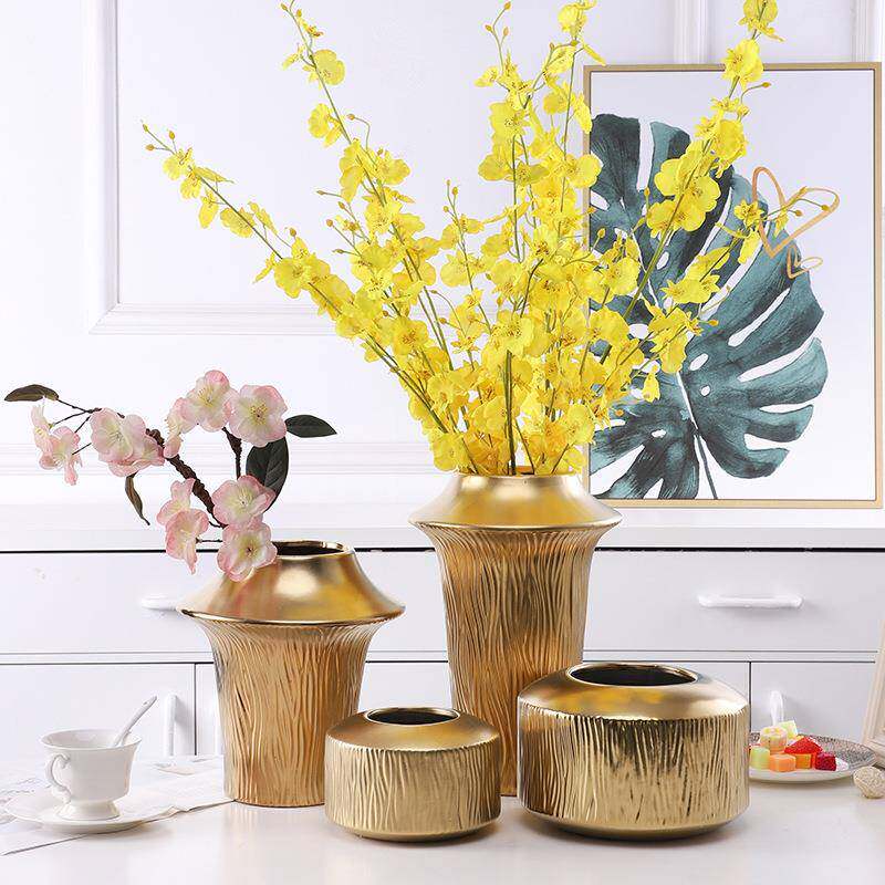 北欧风陶瓷花盆家用酒店插花容器金色花器大理石纹室内盆景花盘