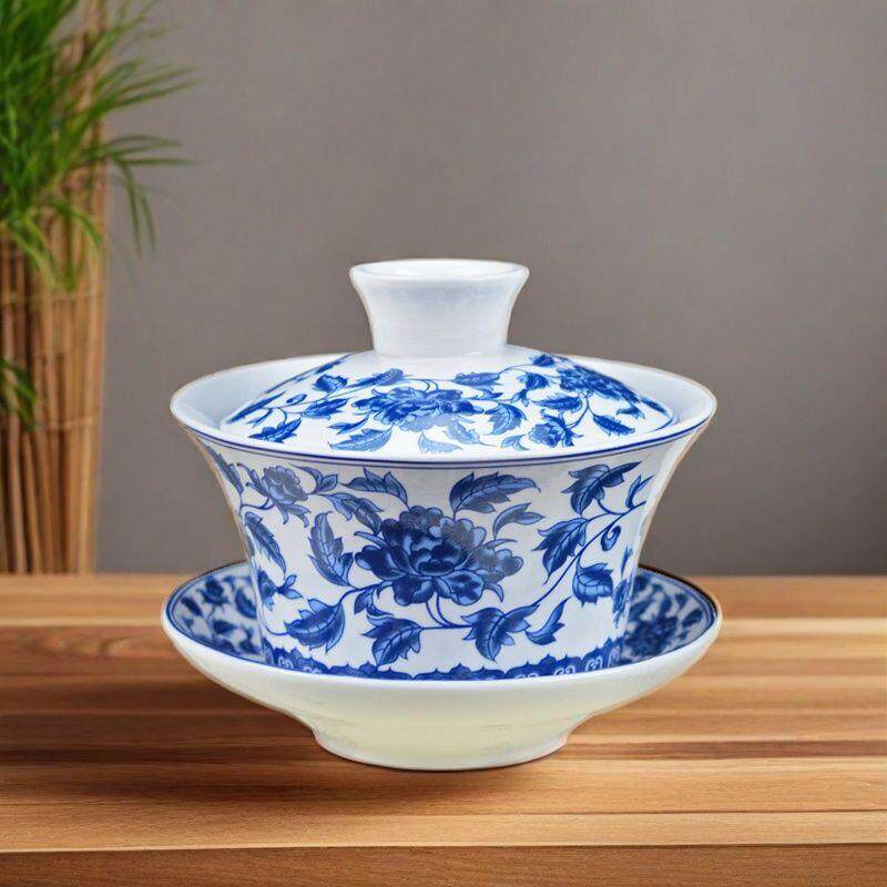 4.3英寸青花陶瓷三才盖碗 大号新骨瓷三炮台八茶大碗结婚敬茶碗