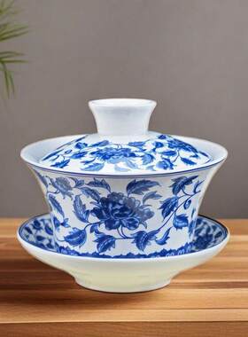4.3英寸青花陶瓷三才盖碗 大号新骨瓷三炮台八茶大碗结婚敬茶碗