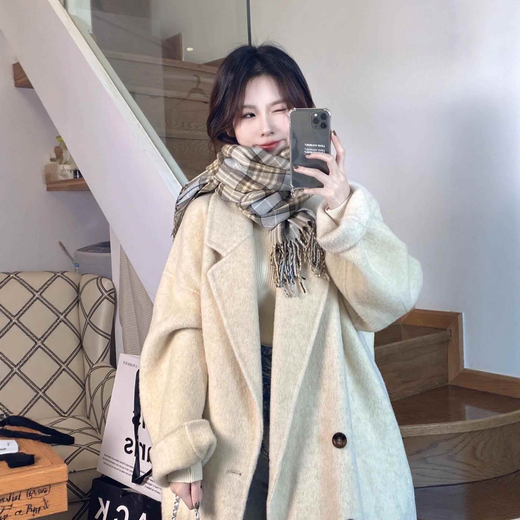 燕麦色羊绒大衣女2025秋冬季新款高级感韩系宽松中长款羊毛呢外套