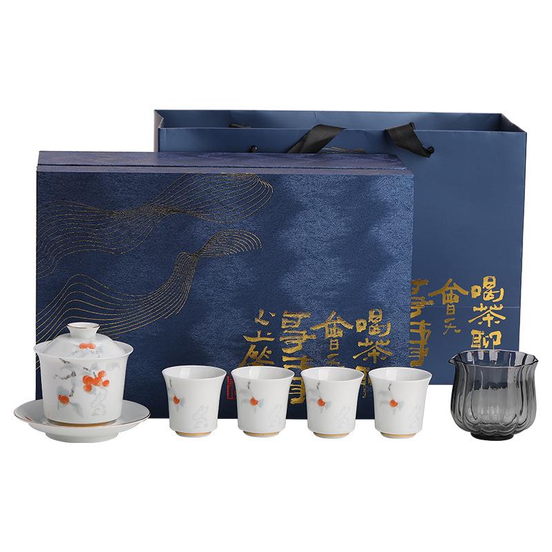 玲珑盖碗茶具套装中式陶瓷泡茶组茶碗茶杯家用功夫茶器商务伴手礼