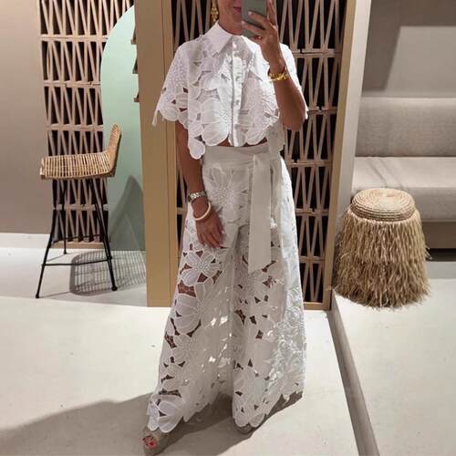 Hollow cardigan top, wide leg pants for two women
