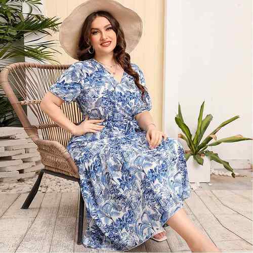 loose size floral skirt seaside beach V-neck long Large