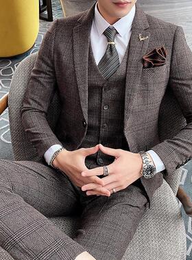 覆古格子西服套装男三件套修身灰色新郎婚礼咖啡色雅痞大格英伦风