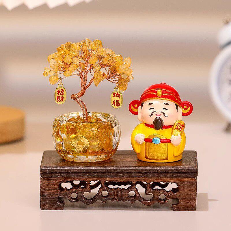 新中式财神爷水晶发财树盆景博古架桌面小摆件客厅玄关摆台小装饰