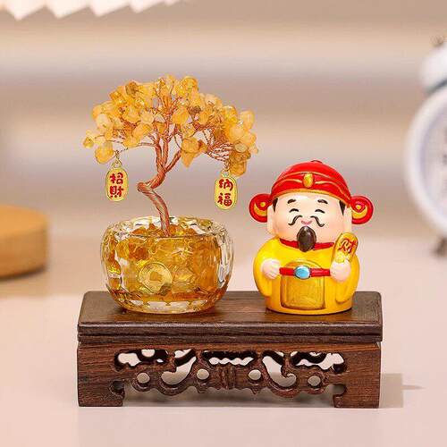 新中式财神爷水晶发财树盆景博古架桌面小摆件客厅玄关摆台小装饰