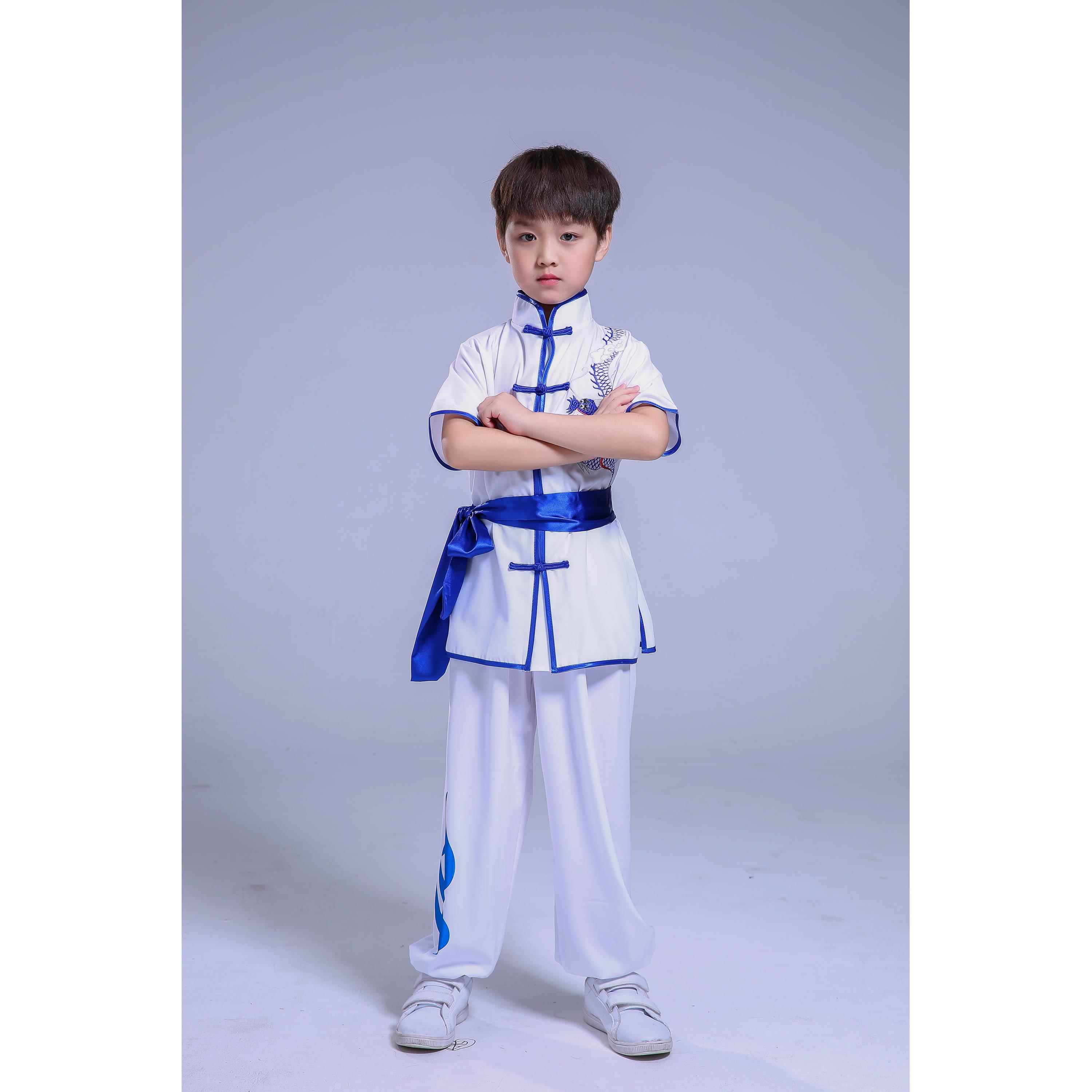 高档儿童武术服装男女表演装功夫表演服装服袖和短太袖极服装儿童
