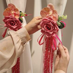 车队拉花结婚婚车后视镜仿真花蝴蝶兰车把手副婚车椅背楼梯装饰花