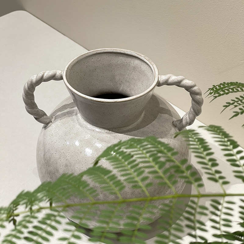 乐梦 侘寂风大花瓶双耳陶瓷麻绳花器酒店民宿日式复古艺术装饰品