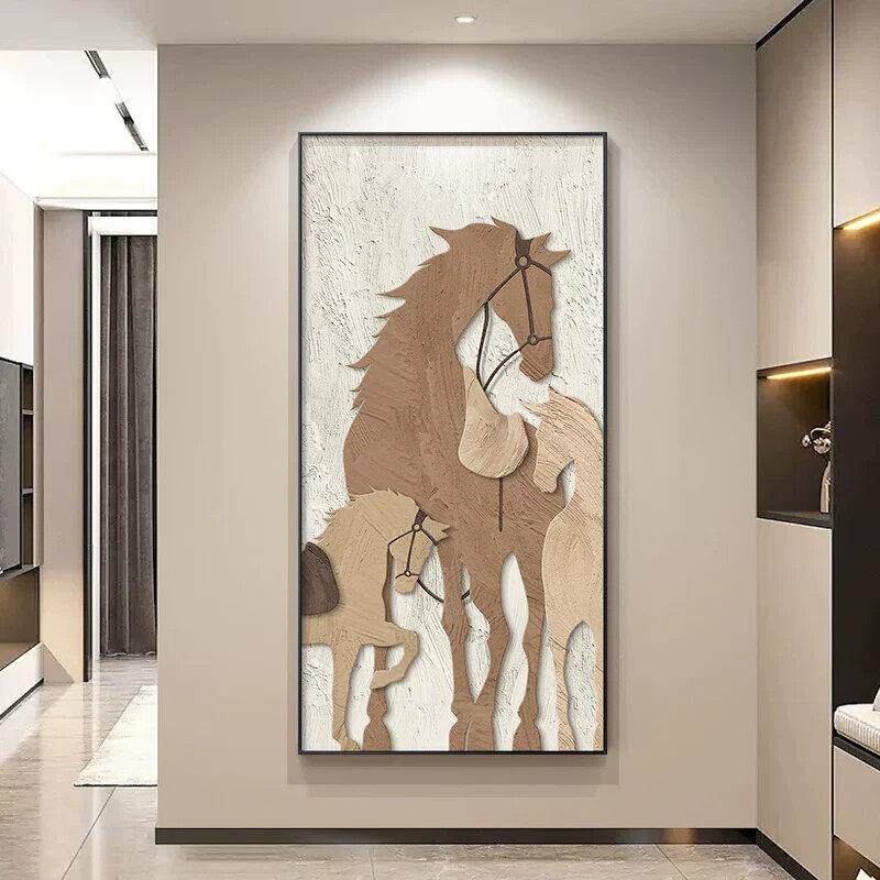 马到成功玄关装饰画抽象马轻奢入户门口墙面挂画高档大气肌理壁画