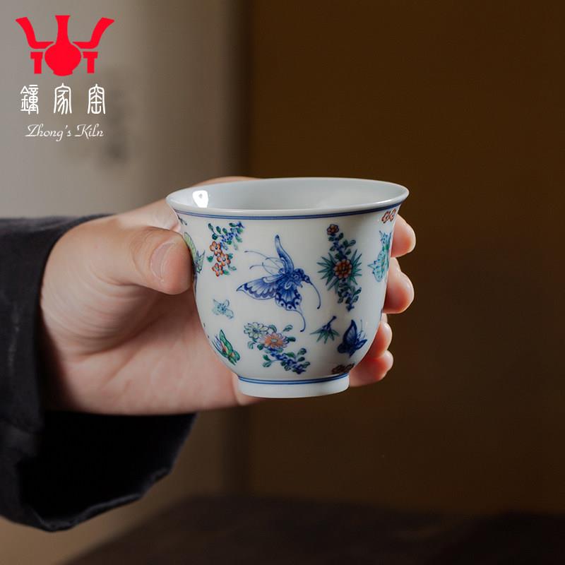 钟 钟家窑茶杯单杯景德镇陶瓷手绘百蝶图斗彩柴窑主人杯个人功夫