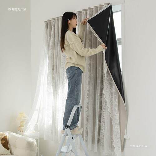 全遮光窗帘出租屋卧室飘窗免打孔安装魔术贴粘贴式遮挡小窗户短帘