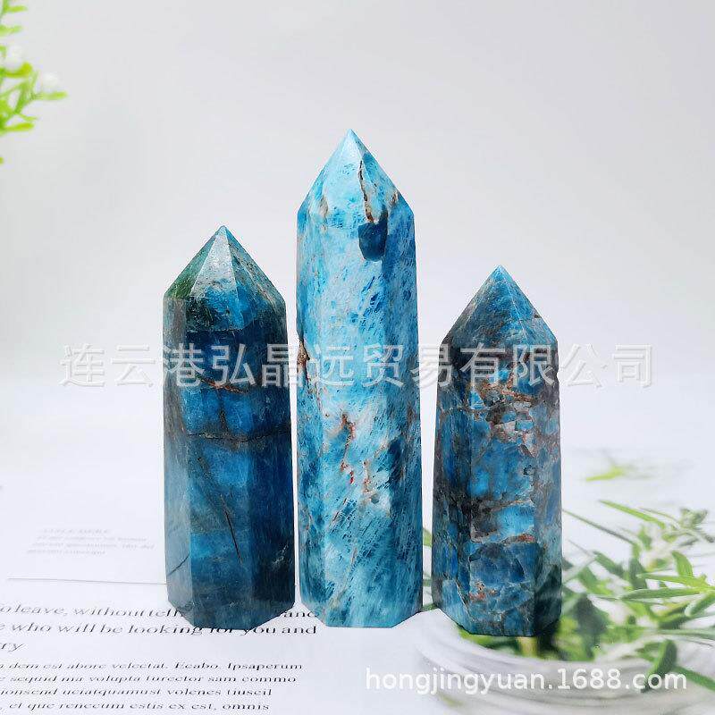 弘晶远水晶 厂家水晶柱蓝磷灰柱磷灰石单尖柱六棱柱原石打磨
