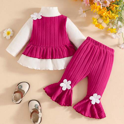 Elegant Girls' Shirt Vest Set, Sleeveless Knitted Floral