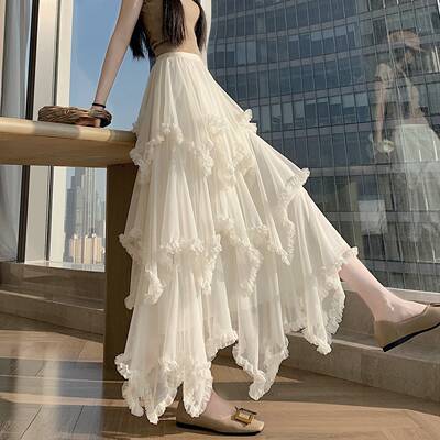2026早春不规则木耳边纱裙女超仙网纱蛋糕裙半身裙a字蓬蓬仙女裙