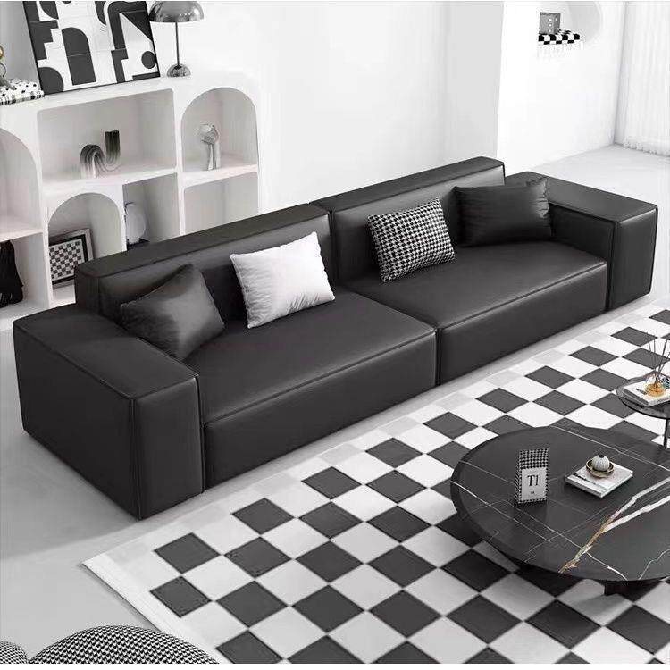 意式轻奢黑色沙发现代客厅办公室接待极简皮艺直排豆腐块组合沙发