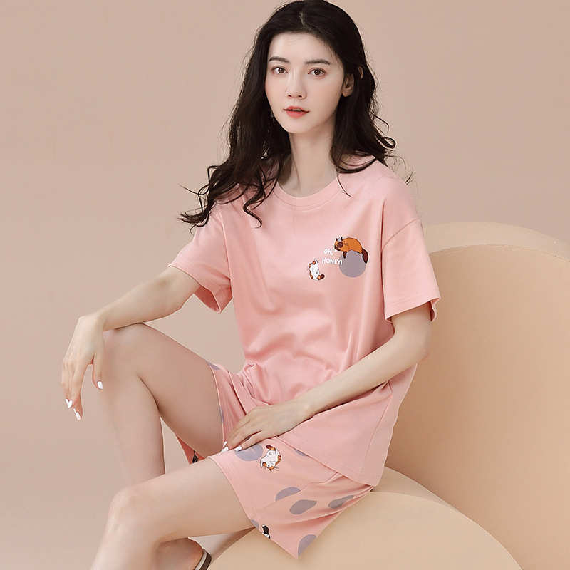 夏季纯棉短袖短裤薄款可外穿睡衣薄款休闲可爱卡通女士家居服套装