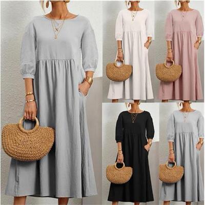 Women's lantern sleeve cotton linen pocket dress