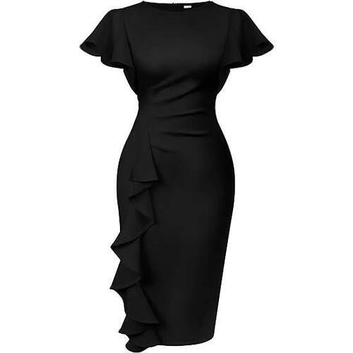 Women's Vintage Church Ruffle Sleeve Ruched Bodycon Work
