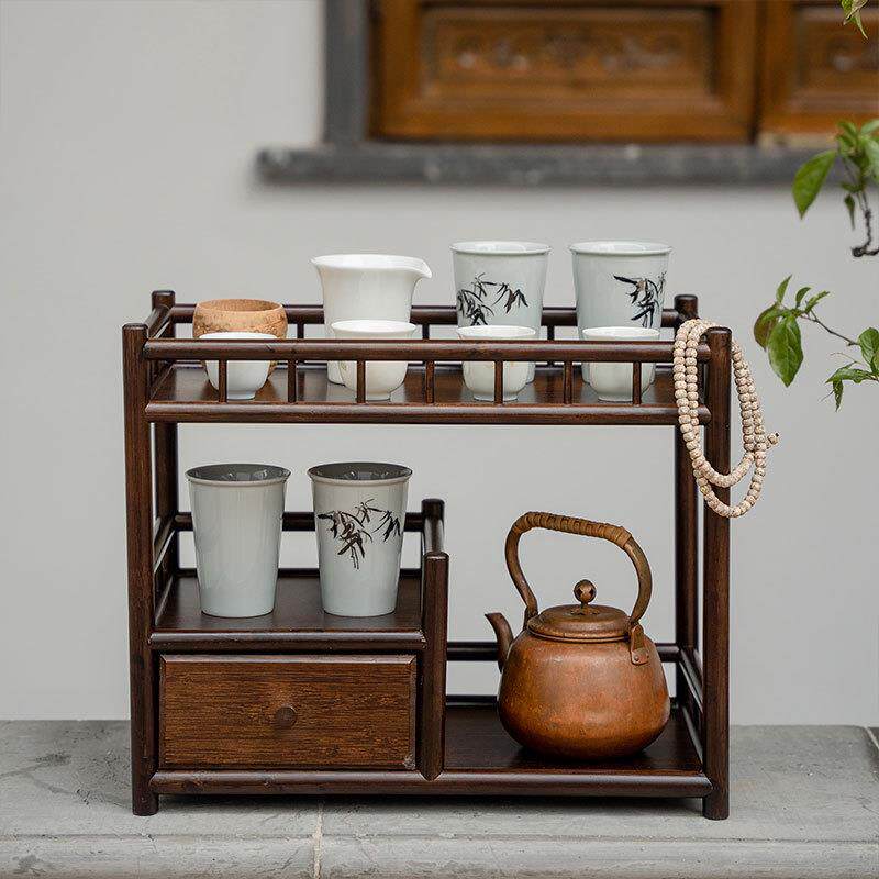 新中式小茶架带抽屉复古茶具收纳架置物架茶道茶杯架茶具配件厂家