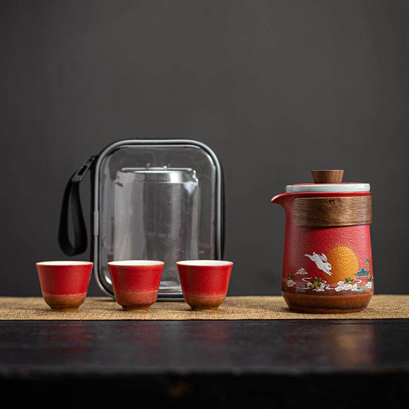 粗陶宫墙红复古功夫旅行茶具快客杯小套装便携包便携式一壶三杯