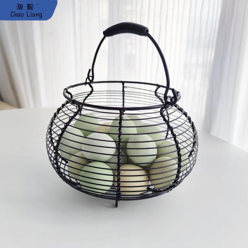 杂货篮手提筐鸡蛋篮编织篮铁线篮厨房铁艺鸡蛋篓圆形手提