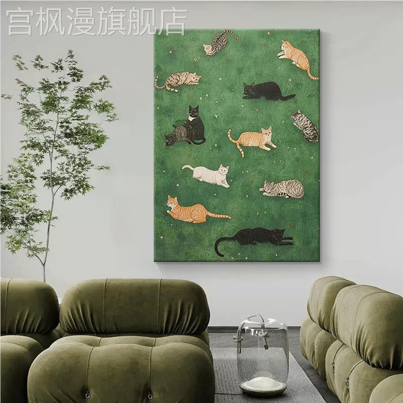 新款绿色草地手绘油画可爱小猫动物美式装饰画儿童房客厅玄关肌理图片