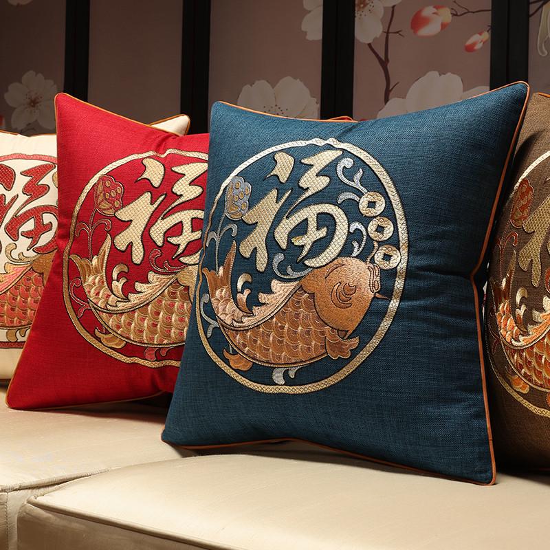 5DBJ批发新中式抱枕红木沙发客厅靠垫椅子大靠背垫红色结婚福字刺