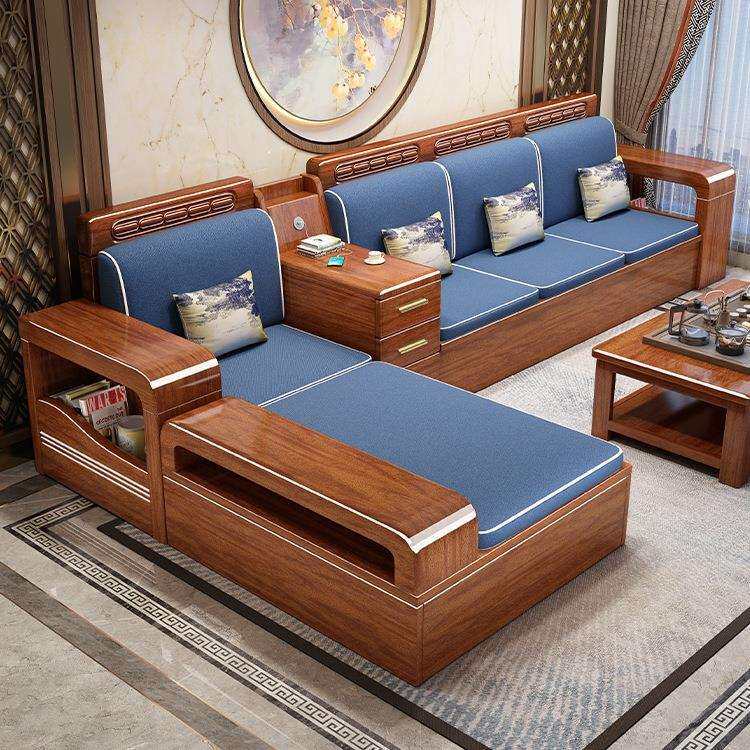 小户型胡桃木全实木沙发客厅带贵妃榻三人位直排冬夏两用储物家具