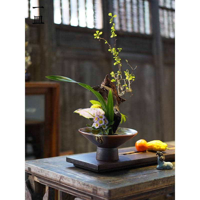 禅意花器花道日式剑山插花器小原流池坊高脚斗笠黑色器皿中式琴萱