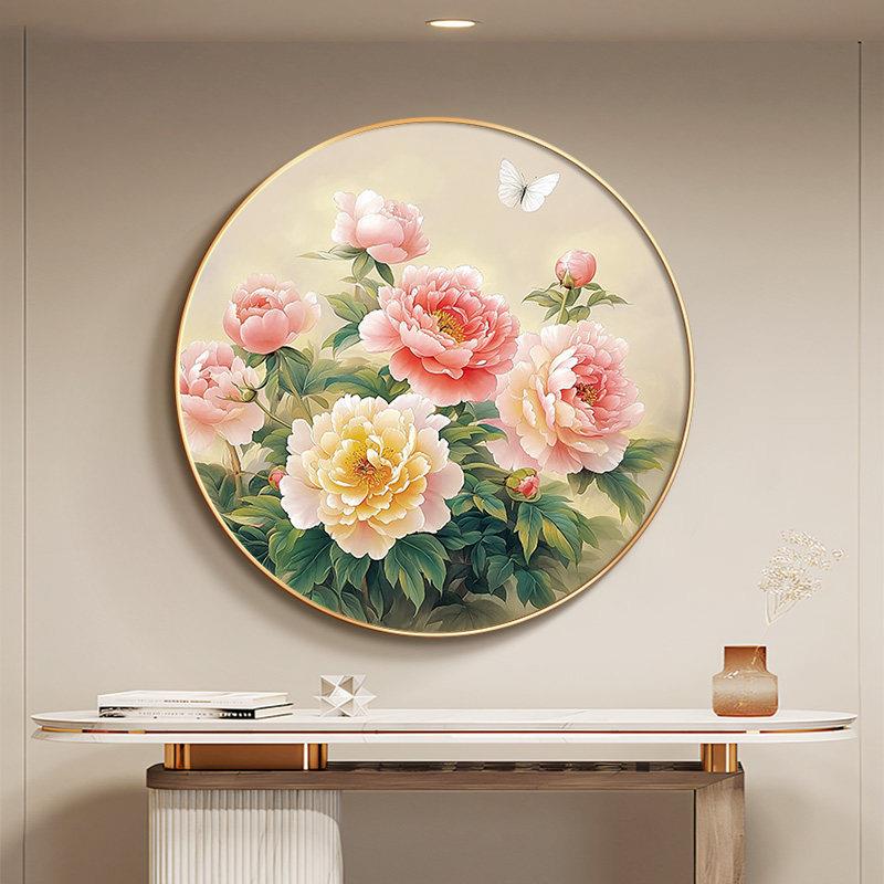 新中式牡丹挂画装饰 玄关圆形壁画 客厅卧室花卉墙面可定制画