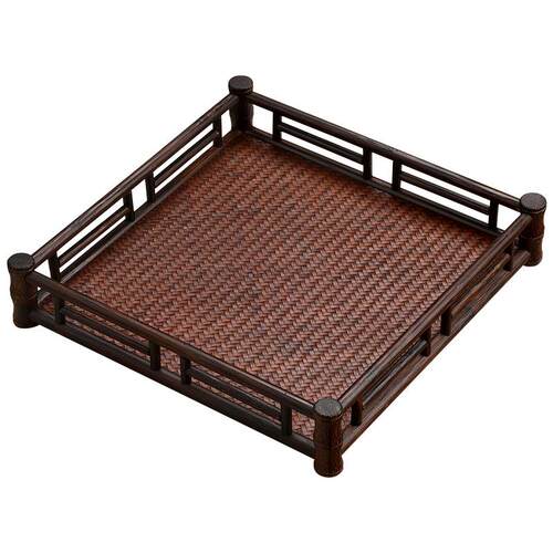 日式竹制托盘长方形茶杯架复古茶具收纳盘家用竹编席面茶盘