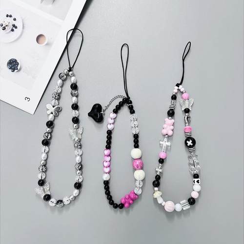 甜酷辣妹相机美式复古款串珠链挂件原创小众粉黑心形吊坠ccd挂绳