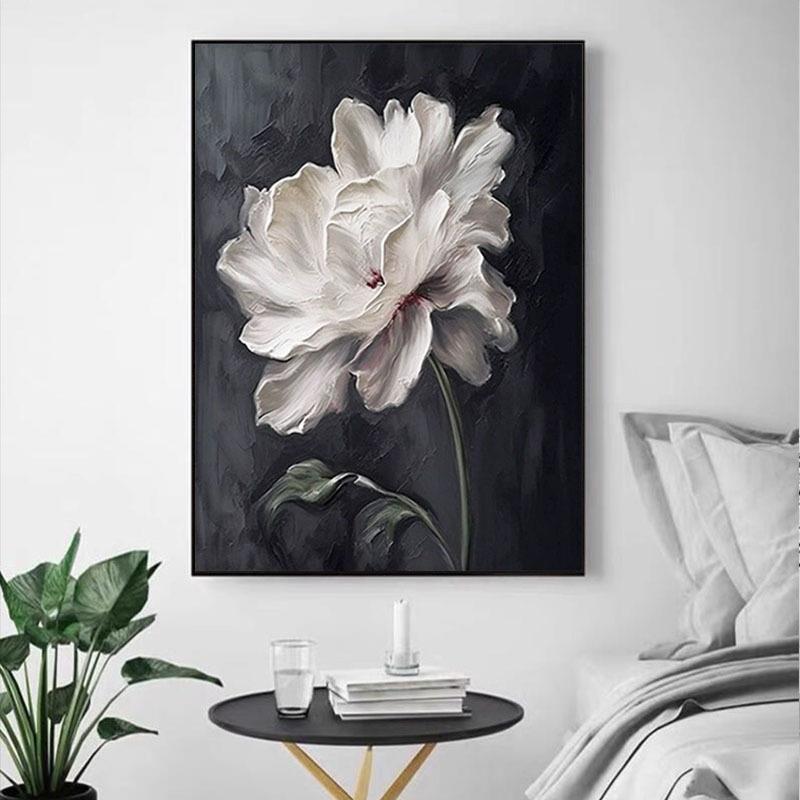 手绘油画抽象花卉客厅卧室装饰画黑白极简肌理画高档花开富贵壁画