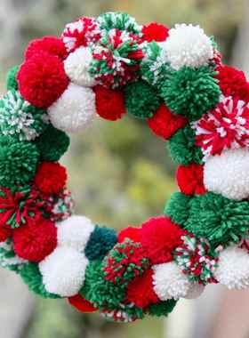 圣诞节花环毛球花圈pom pom wreath门饰挂件墙面装饰跨境亚马逊