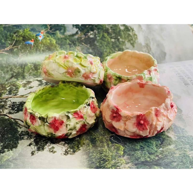 瓷蓓手捏造景花碗陶瓷高温釉下绣球花小碟收纳小花盆乔迁新居礼物