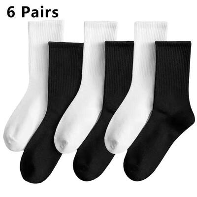 6 Pairs Middle Tube Socks For Men Solid Colour In White and