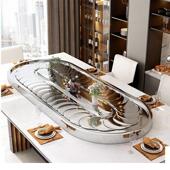 长桌电动送菜转盘家用夕餐桌方桌自动旋转转盘旋转餐桌输送带定制