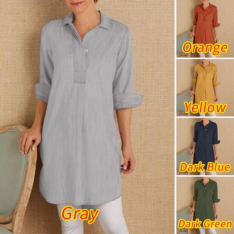 Womens Long Sleeve Collar Shirt Lapel Office Business Solid