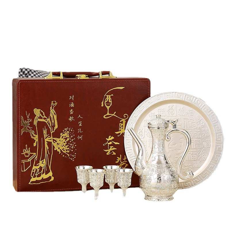 高档银色百福酒具套装中式酒壶酒杯托盘全套家居装饰手工艺品套件