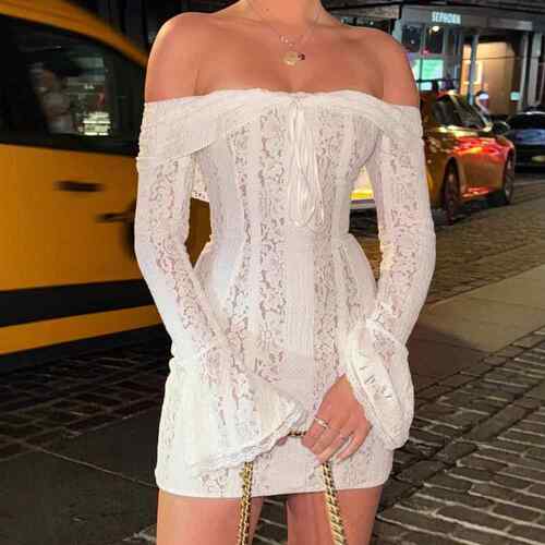 Women Off Shoulder Lace Dress Floral Pattern Bow Ruched Boat