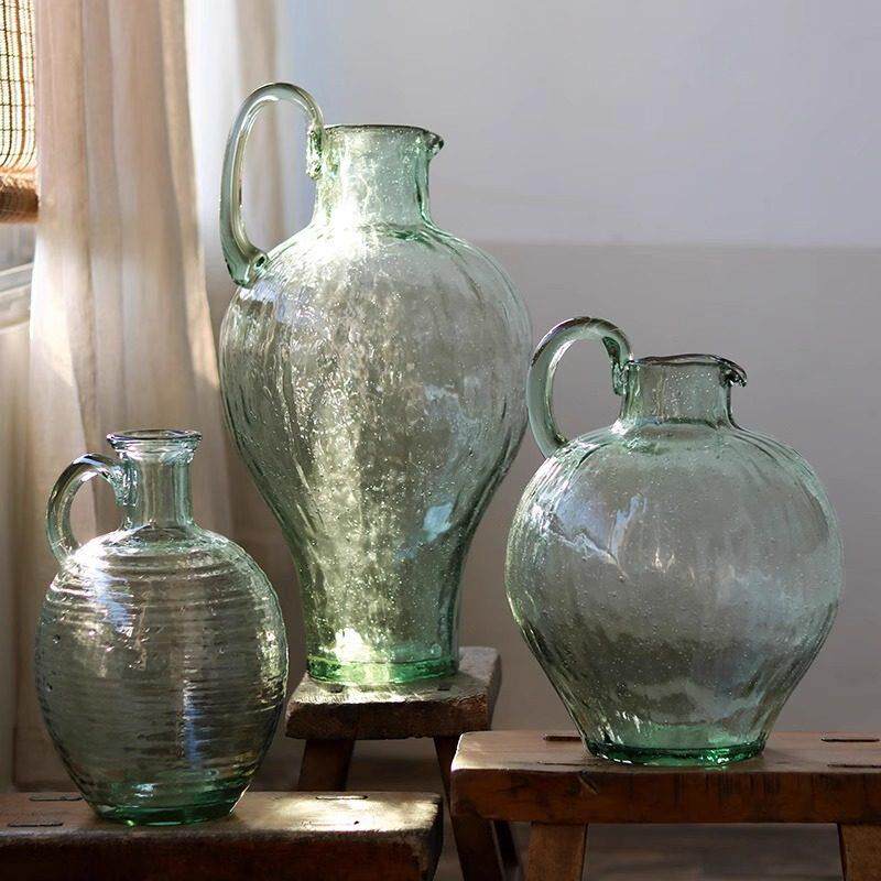 绿色单耳锤打玻璃壶腹瓶水吊钟马醉木客厅落地圆腹大花瓶装饰品