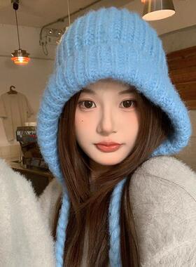 蓝色巴拉克拉法帽女秋冬季保暖护耳针织毛线帽显脸小防寒包头帽子