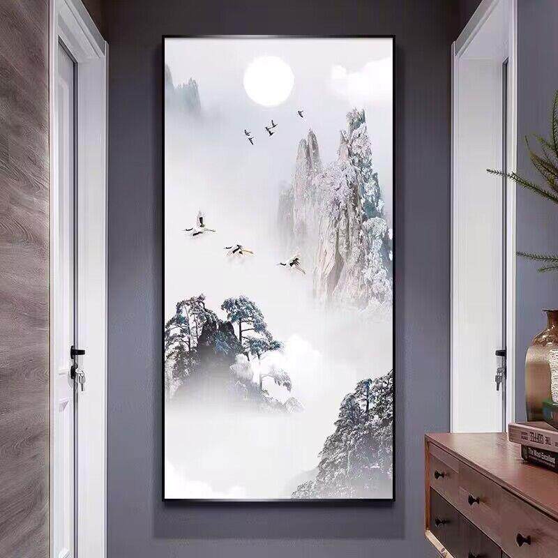 纯手绘新中式装饰画中国风现代客厅玄关山水油画迎客松挂画立体画
