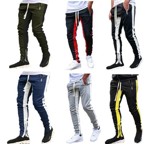 Men's striped pants with zip ties, double pocket zippers,