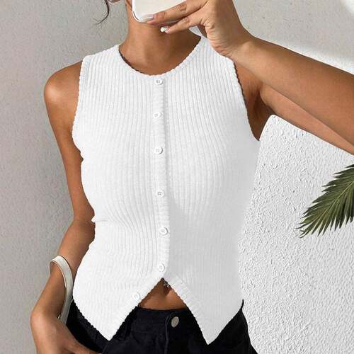 Women's Fitted Knit Ribbed Round Neck Sleeveless Vest Split
