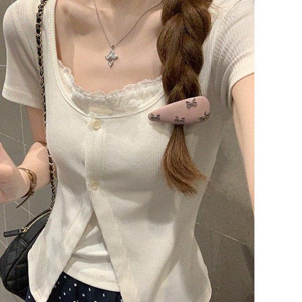SPYB白色蕾丝假两件正肩短袖t恤女2026夏季修身开叉显瘦短款上衣