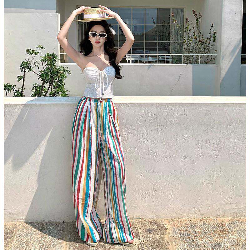 SPYB网红款时尚潮流2026年夏季新款薄款棉麻凉凉彩虹条纹宽裤女