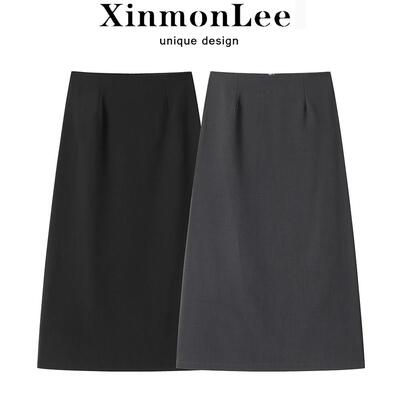 XinmonLee高腰显瘦百搭a字半身裙女中长版设计感开叉包臀西装裙子