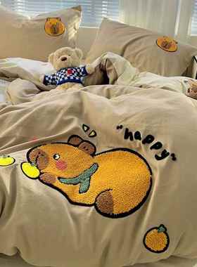 SM51561水洗磨毛卡通印四加花床绣包套被套学生床单三件套床件笠